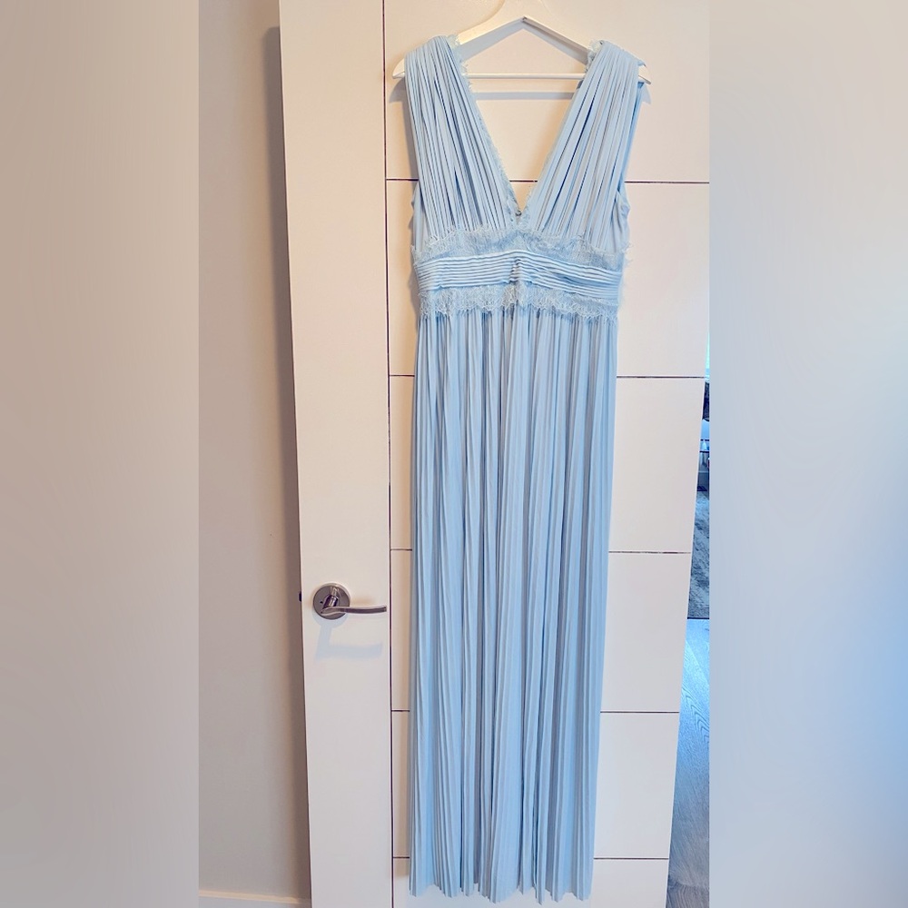 Maternity Premium Lace Insert Pleated Maxi Dress- US 8/ Light Blue. Baby Shower